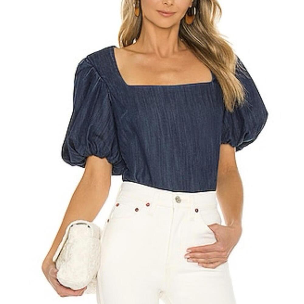Frame Denim Tops Womens XXSmall Nina Puff Sleeve Cropped Denim Chambray